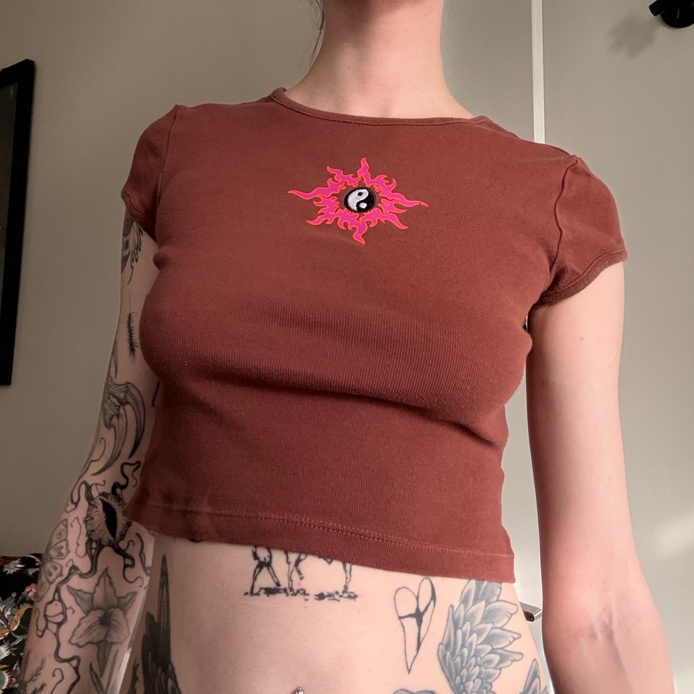 Brown Crop Top with yin yang embroidery